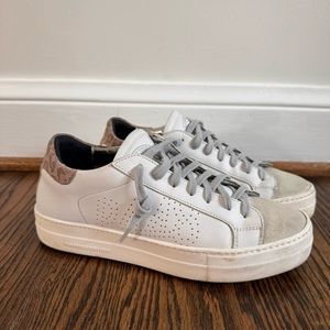 P448 Thea sneakers white leather with pink leopard accents, size 41 (US 10.5/11)